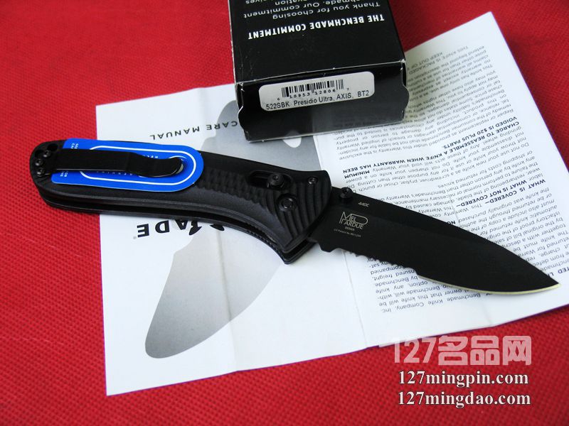 美国蝴蝶BENCHMADE 522SBK鱼尾防滑柄半齿战术折刀