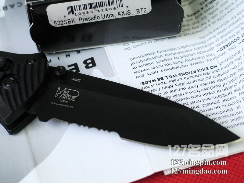 美国蝴蝶BENCHMADE 522SBK鱼尾防滑柄半齿战术折刀