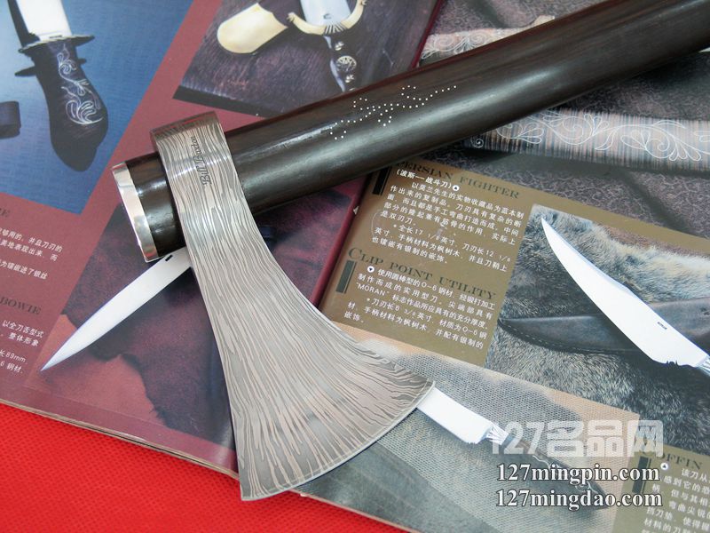 美国手工刀匠"比尔巴克斯顿" 大马士革乌木柄战神斧   