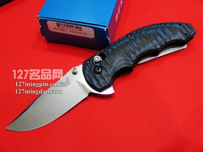美国蝴蝶Benchmade 300-1 蓝黑G-10柄鳍轴锁全刃折刀