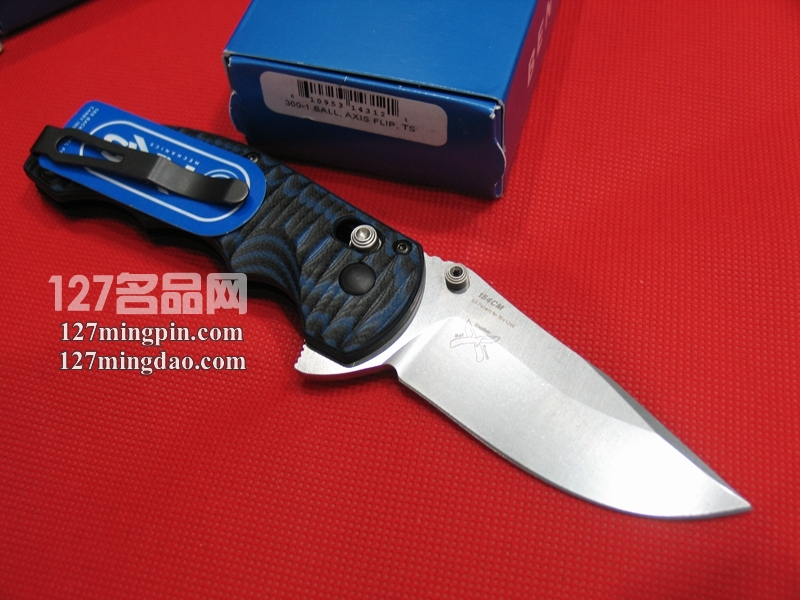美国蝴蝶Benchmade 300-1 蓝黑G-10柄鳍轴锁全刃折刀