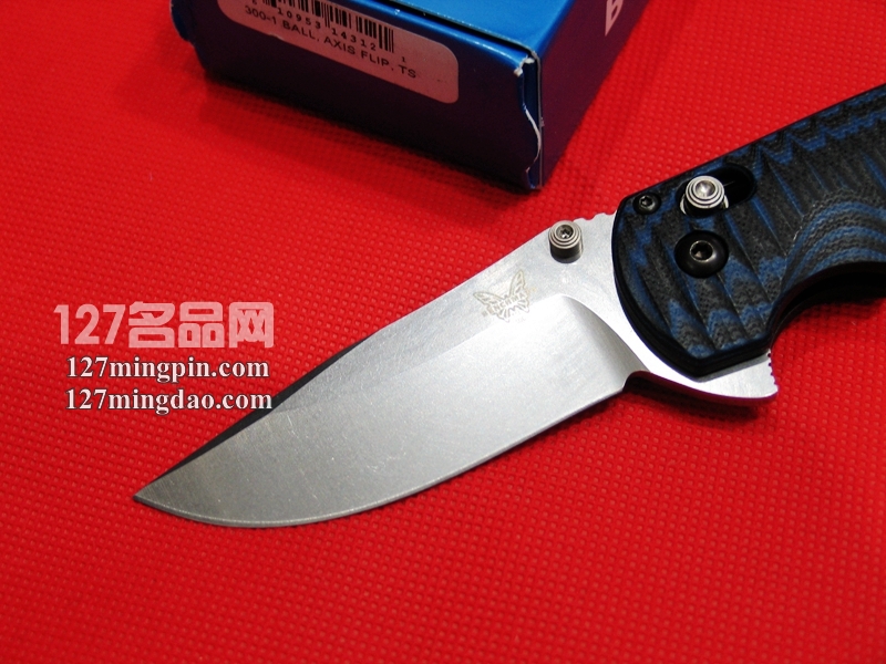美国蝴蝶Benchmade 300-1 蓝黑G-10柄鳍轴锁全刃折刀