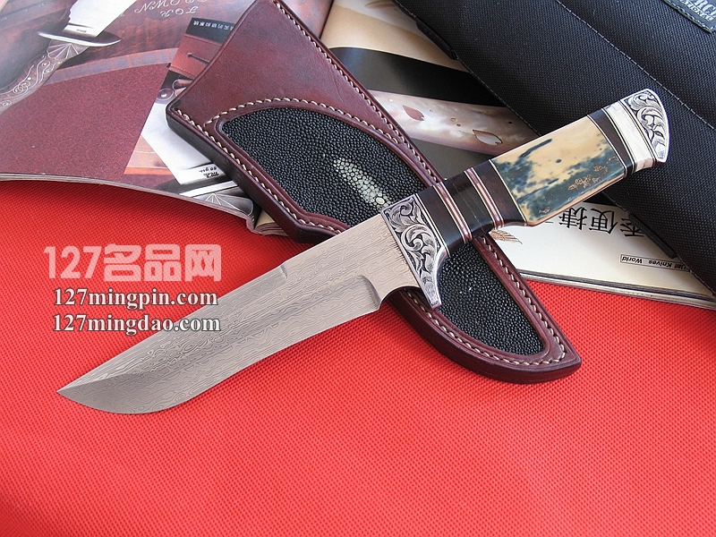 台湾手工刀匠 瑞典大马士革奶油蓝象牙柄手工刀