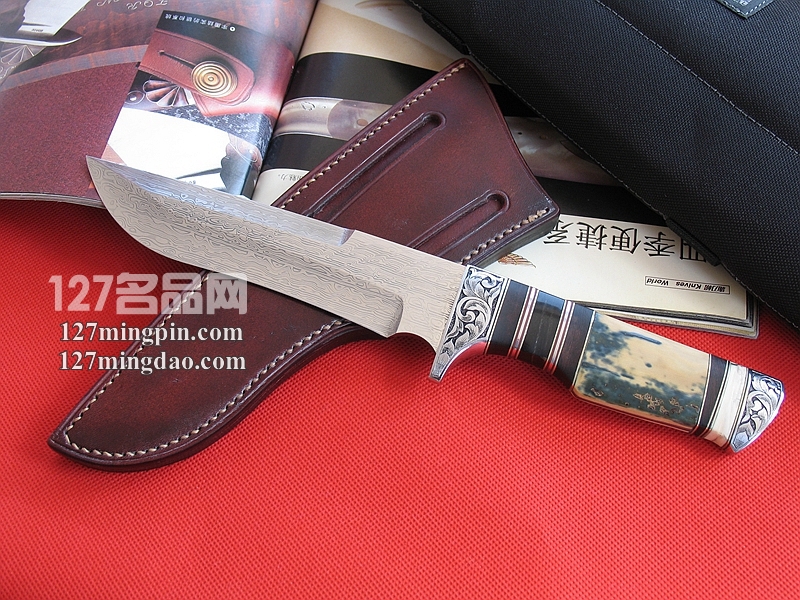 台湾手工刀匠 瑞典大马士革奶油蓝象牙柄手工刀