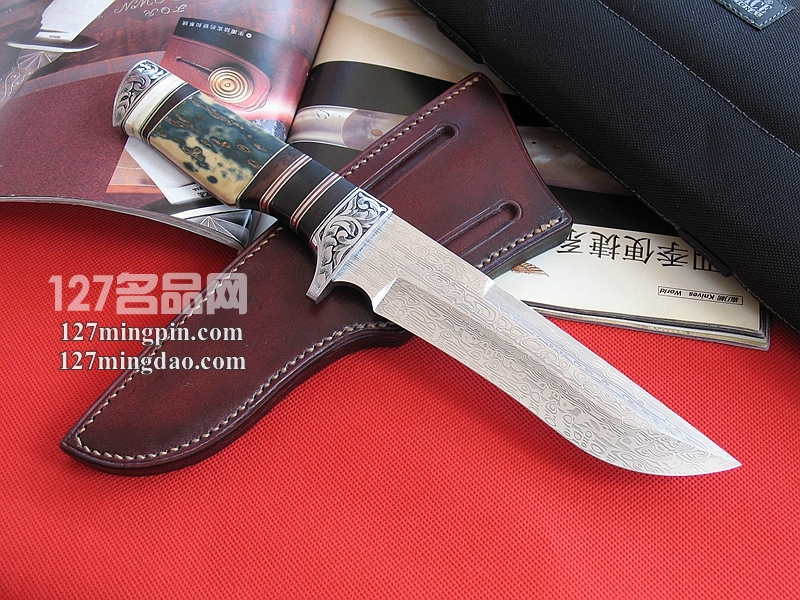 台湾手工刀匠 瑞典大马士革奶油蓝象牙柄手工刀