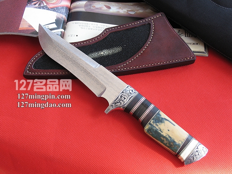 台湾手工刀匠 瑞典大马士革奶油蓝象牙柄手工刀