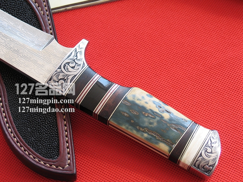 台湾手工刀匠 瑞典大马士革奶油蓝象牙柄手工刀