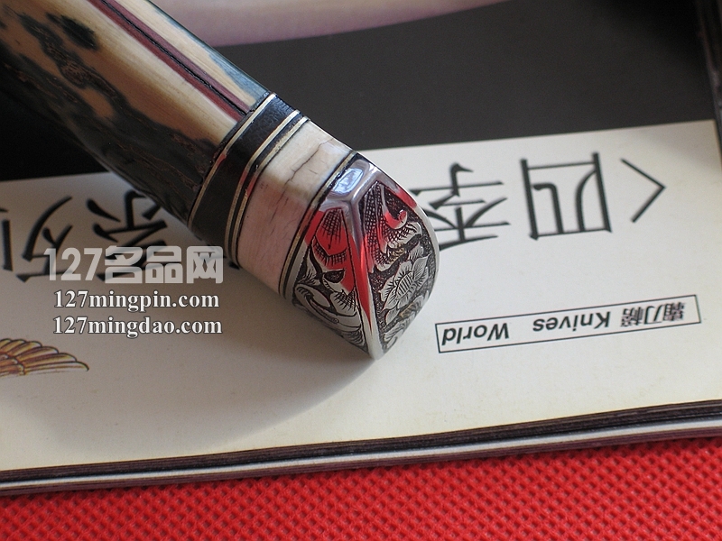 台湾手工刀匠 瑞典大马士革奶油蓝象牙柄手工刀