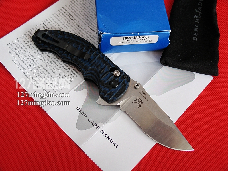 美国蝴蝶 Benchmade 300S-1半齿 蓝色柄经典折刀