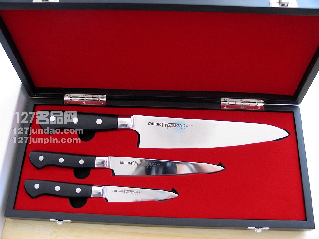 日本samura侍魂厨刀三件套装 AUS8 G-10夹钢套装手工菜刀 名刀