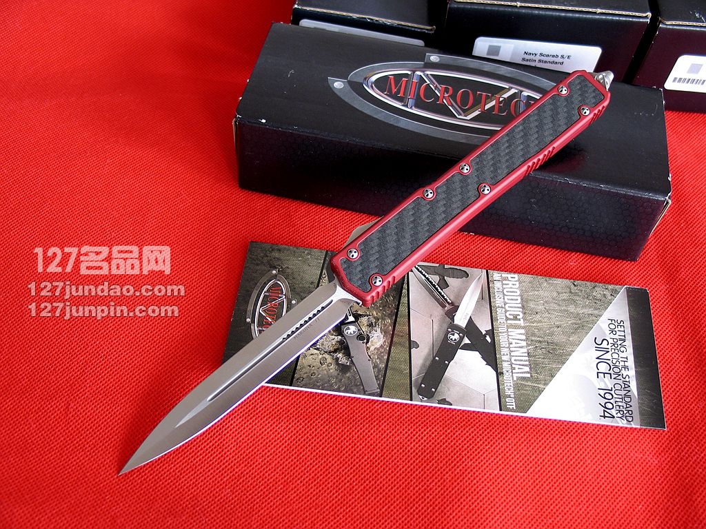 美国微技术 MICROTECH 106火红圣蚂蚁II代碳纤维镶嵌柄军刀