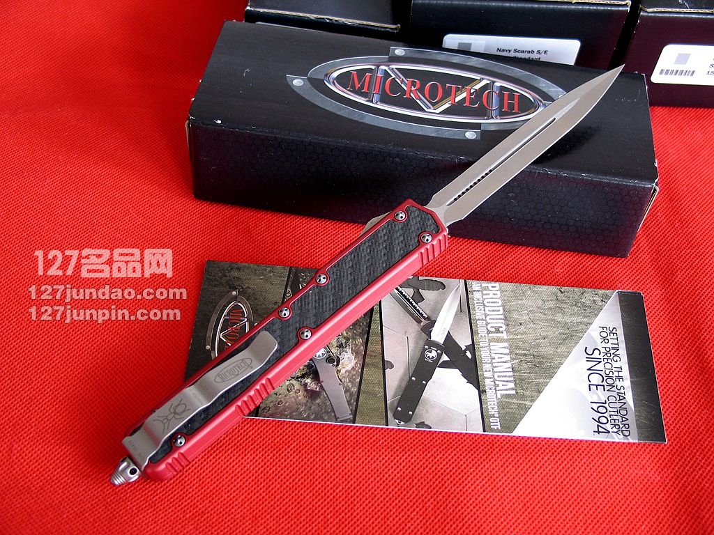 美国微技术 MICROTECH 106火红圣蚂蚁II代碳纤维镶嵌柄军刀