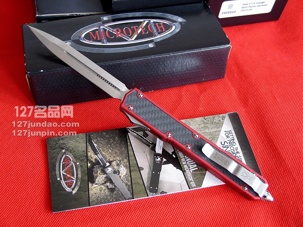 美国微技术 MICROTECH 106火红圣蚂蚁II代碳纤维镶嵌柄军刀