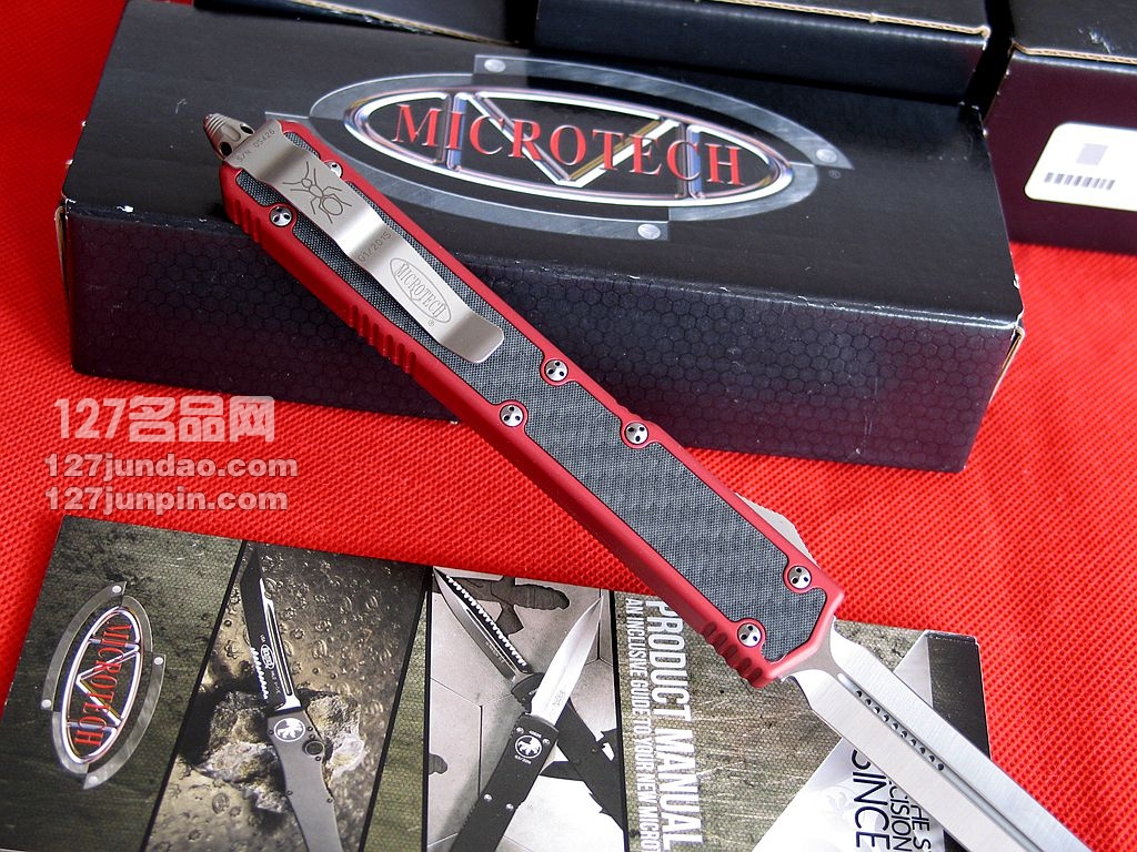 美国微技术 MICROTECH 106火红圣蚂蚁II代碳纤维镶嵌柄军刀