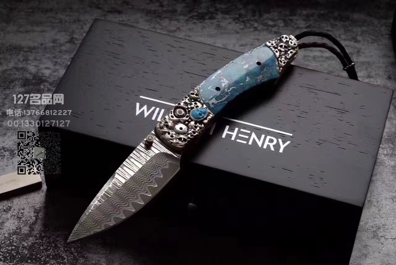 美国威廉亨利B12 JEROME  “杰罗姆”手工纯银雕刻骷髅刀柄