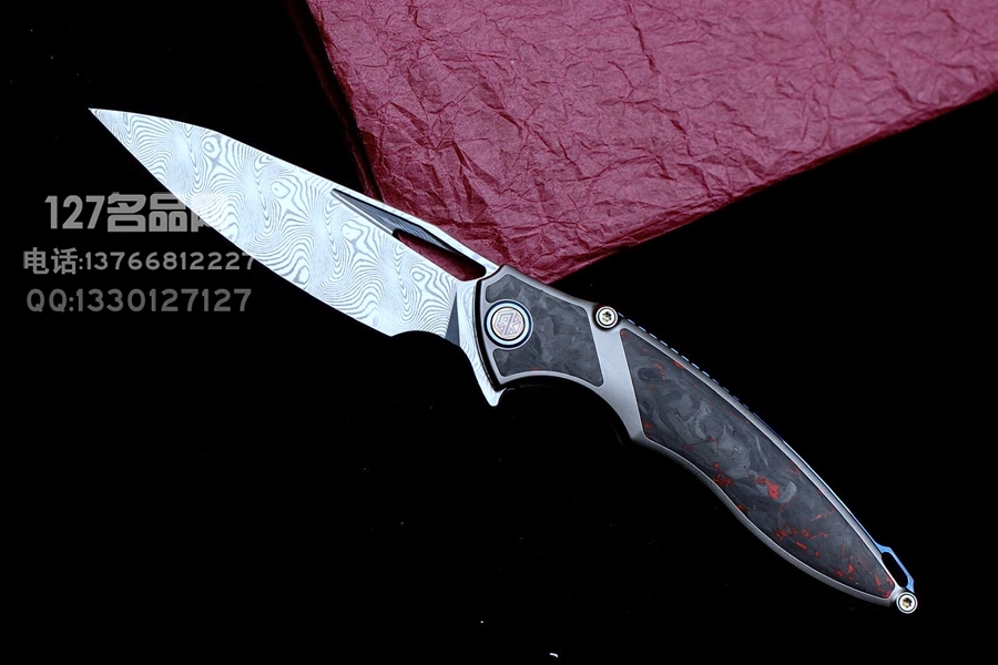 Rike Knife 1902 大马士革刃材 钛合金镶嵌黑红双色碳纤维 鱼鳍