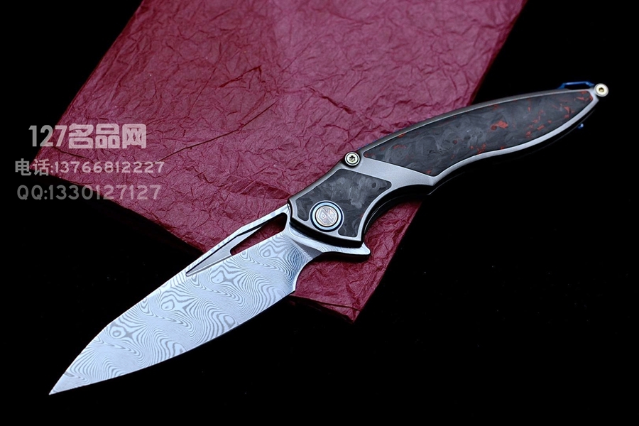 Rike Knife 1902 大马士革刃材 钛合金镶嵌黑红双色碳纤维 鱼鳍