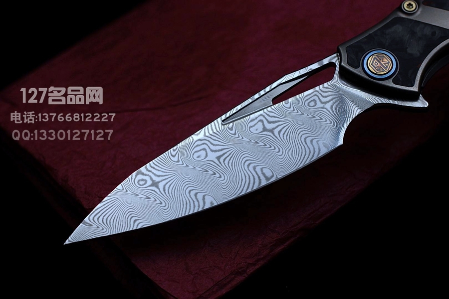 Rike Knife 1902 大马士革刃材 钛合金镶嵌黑红双色碳纤维 鱼鳍