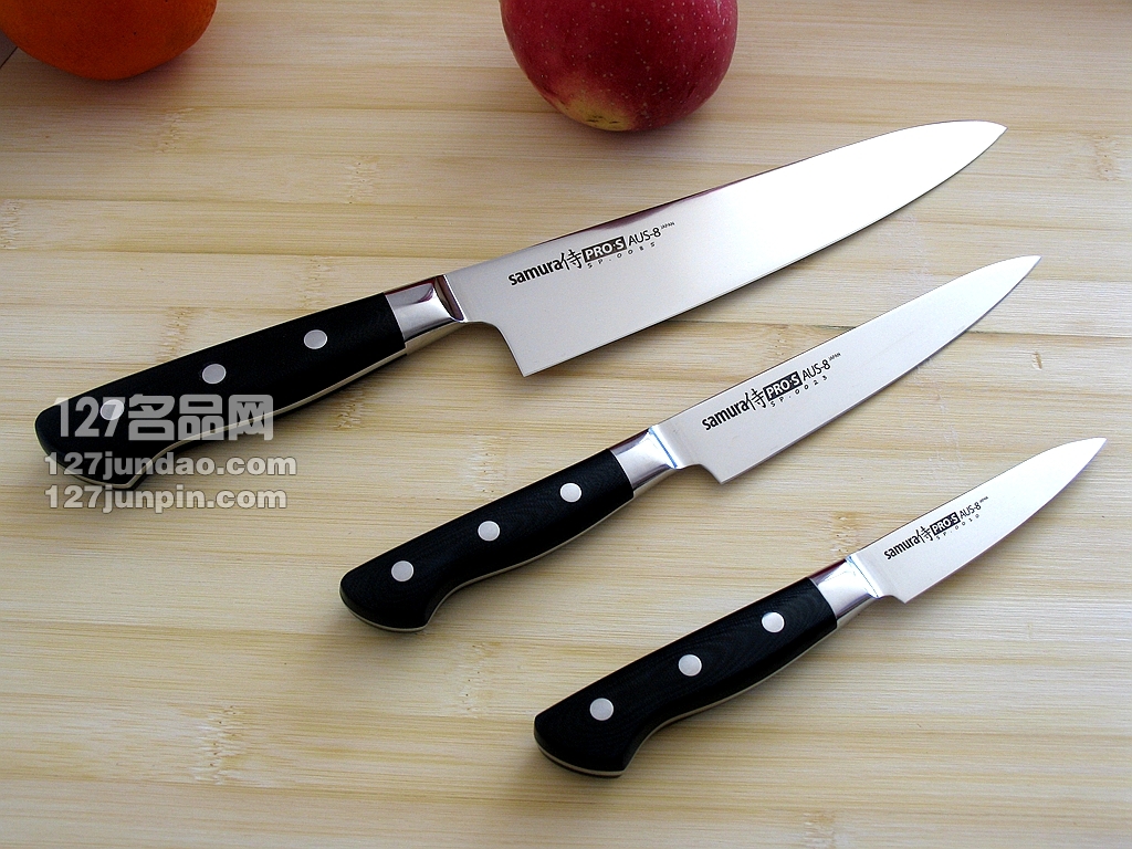 日本samura侍魂厨刀三件套装 AUS8 G-10夹钢套装手工菜刀 名刀