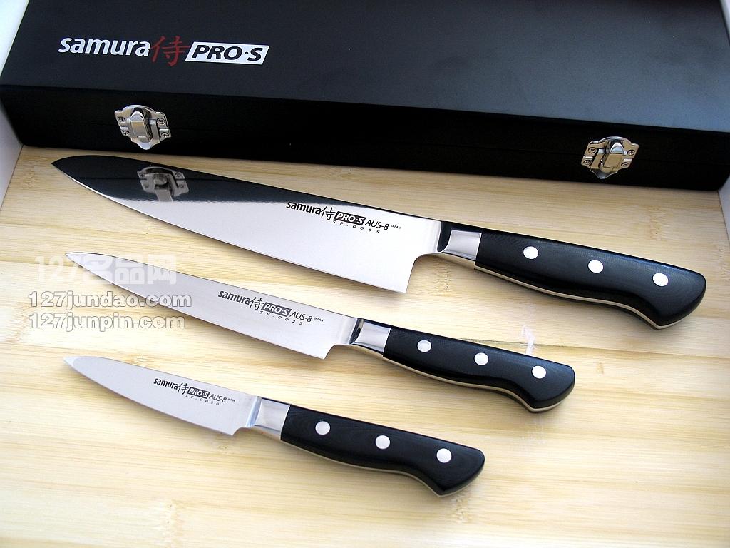 日本samura侍魂厨刀三件套装 AUS8 G-10夹钢套装手工菜刀 名刀