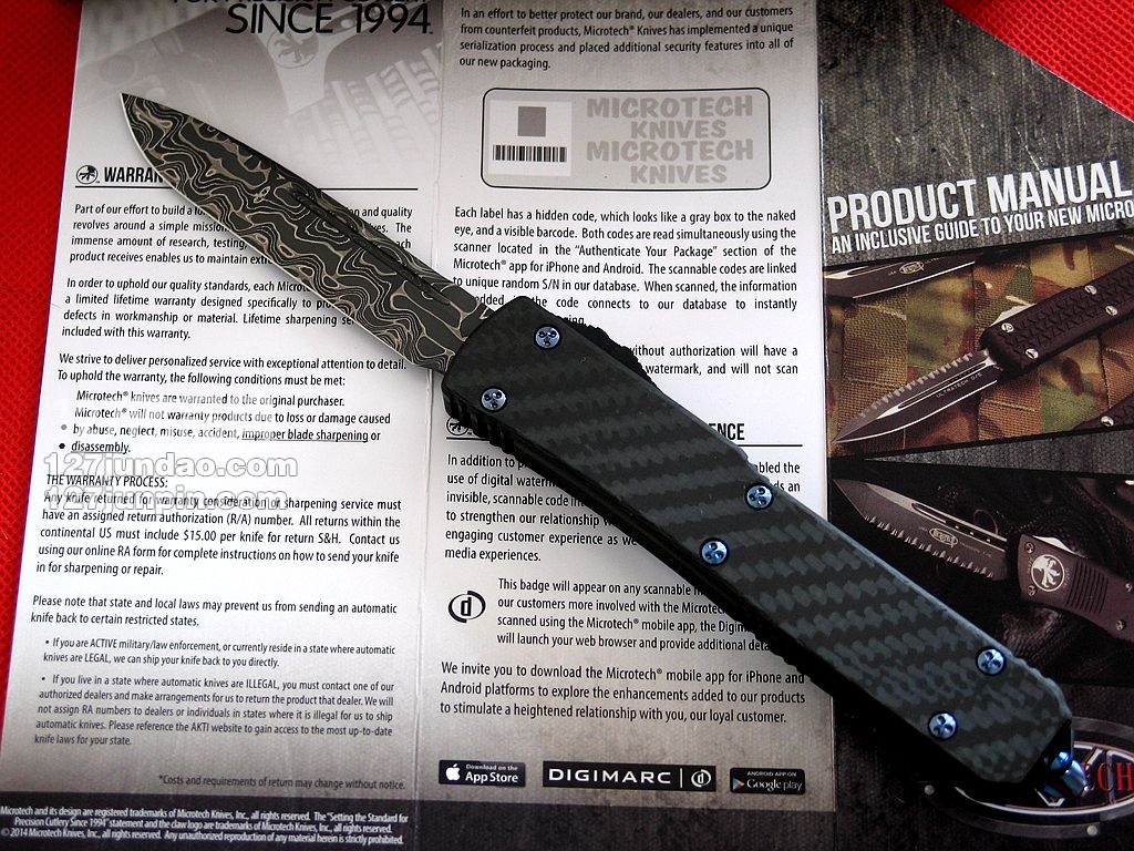 美国微技术MICROTECH SE大马士革碳纤维柄特别版直弹刀