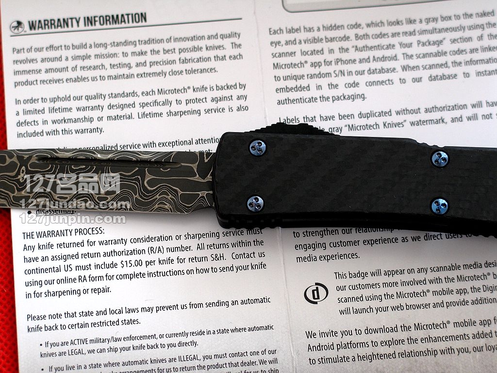 美国微技术MICROTECH SE大马士革碳纤维柄特别版直弹刀