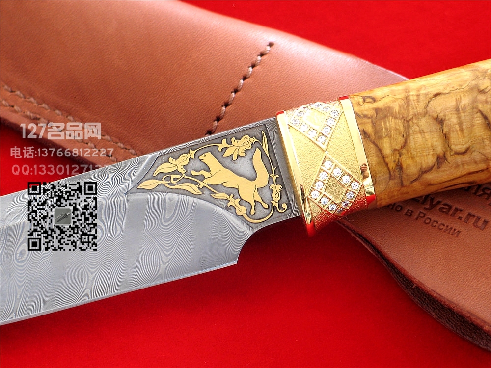 俄罗斯 普京大帝同款 大马士革镀金猎刀 金貂