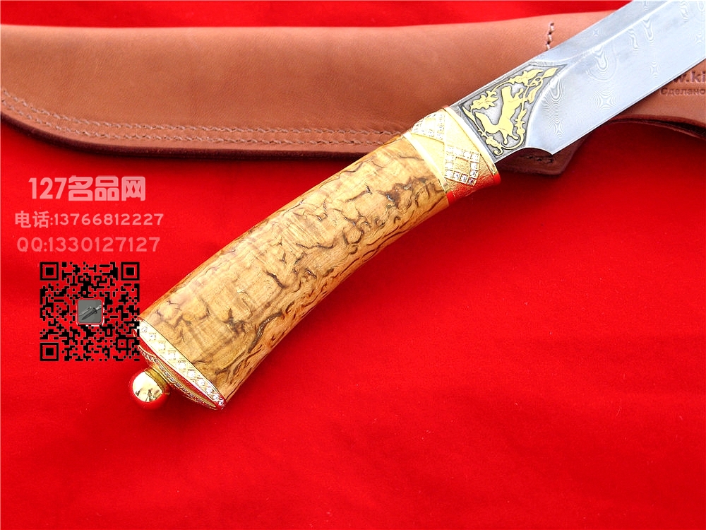 俄罗斯 普京大帝同款 大马士革镀金猎刀 金貂