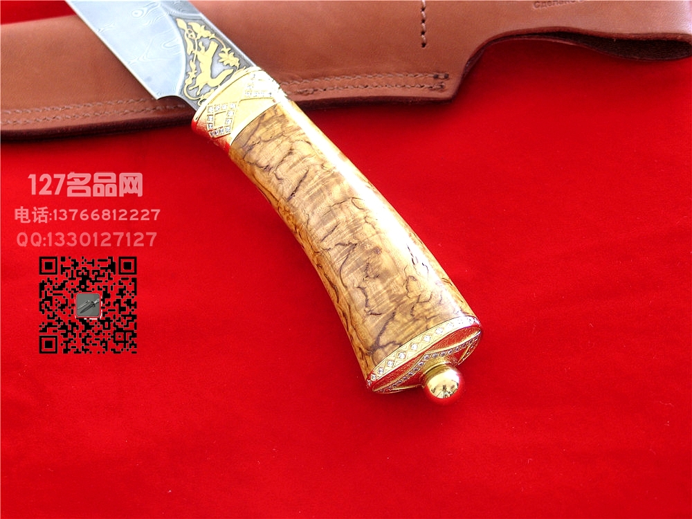 俄罗斯 普京大帝同款 大马士革镀金猎刀 金貂