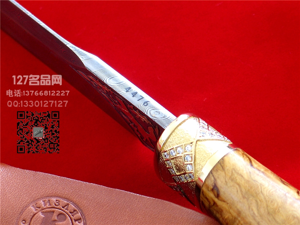 俄罗斯 普京大帝同款 大马士革镀金猎刀 金貂