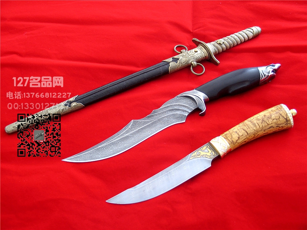俄罗斯 普京大帝同款 大马士革镀金猎刀 金貂