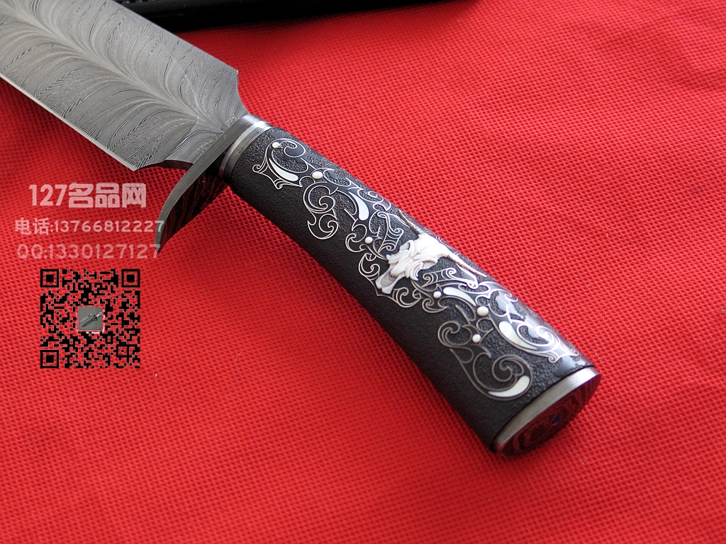 美国刀匠协会手工刀匠凯文.卡瑟 羽毛纹大马士革刀 牛图腾