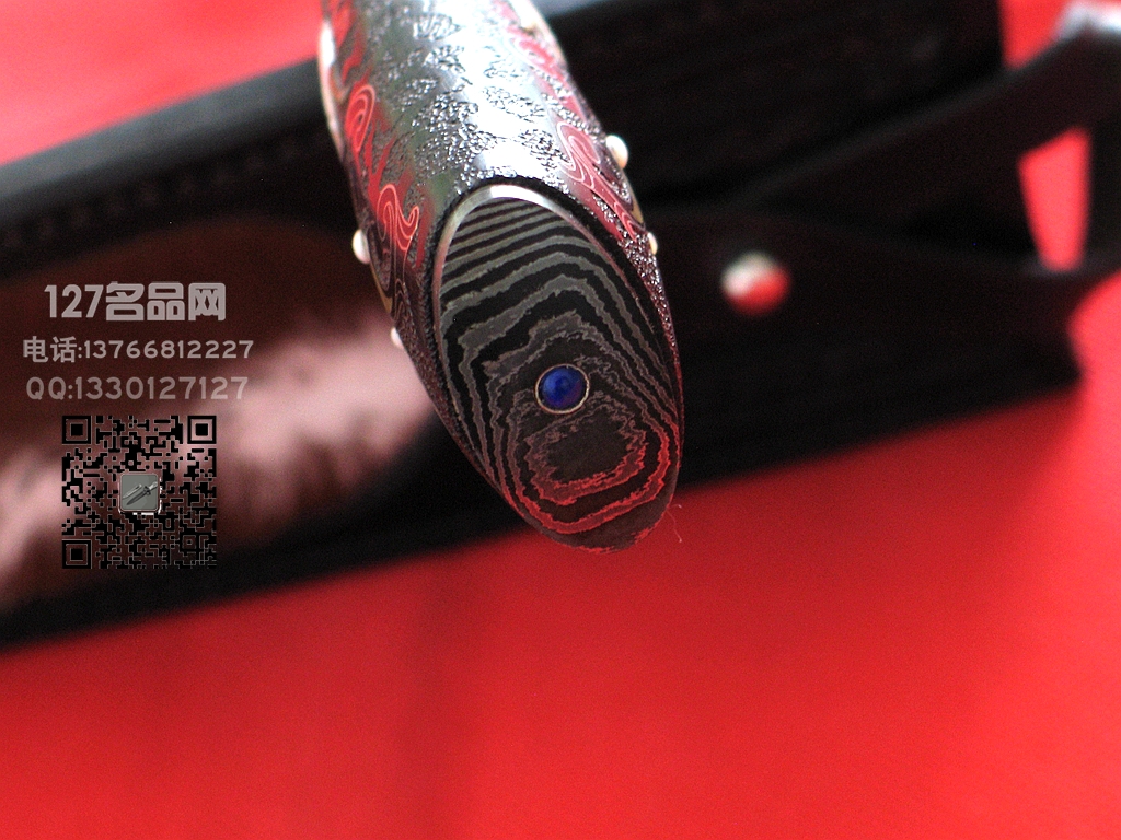 美国刀匠协会手工刀匠凯文.卡瑟 羽毛纹大马士革刀 牛图腾