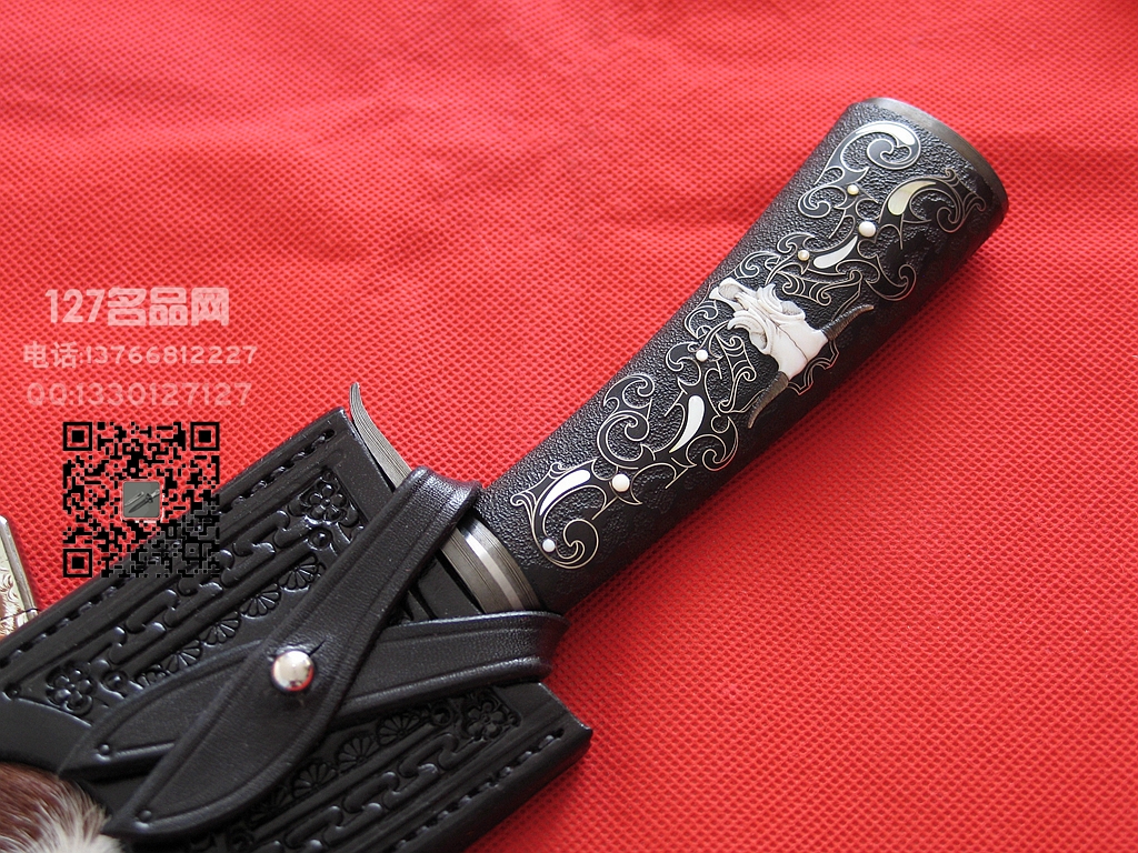 美国刀匠协会手工刀匠凯文.卡瑟 羽毛纹大马士革刀 牛图腾