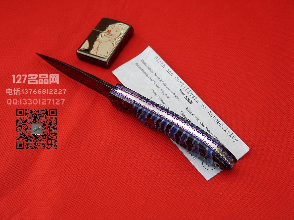 ABS刀匠Vallotton蓝色大马士革 猛犸马化石柄侧跳刀