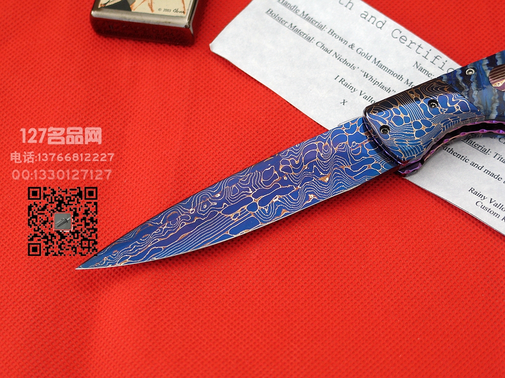 ABS刀匠Vallotton蓝色大马士革 猛犸马化石柄侧跳刀