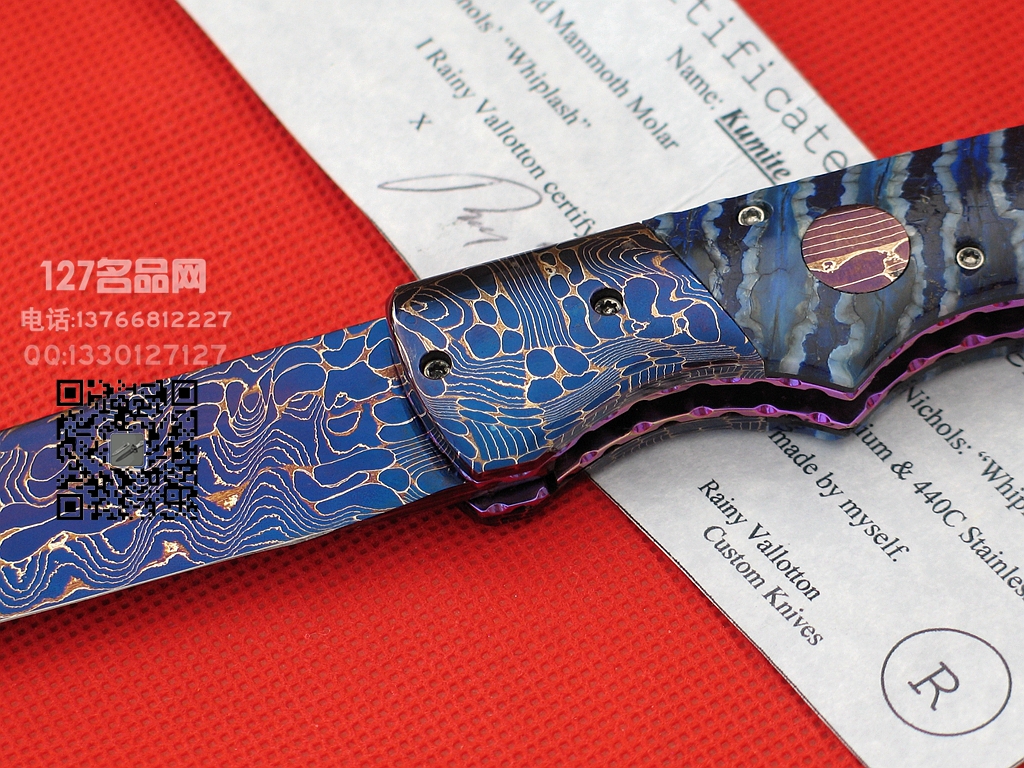 ABS刀匠Vallotton蓝色大马士革 猛犸马化石柄侧跳刀