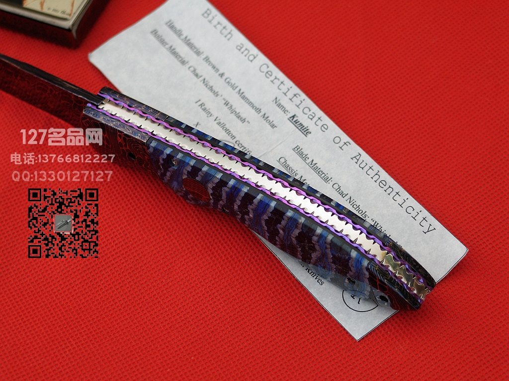 ABS刀匠Vallotton蓝色大马士革 猛犸马化石柄侧跳刀