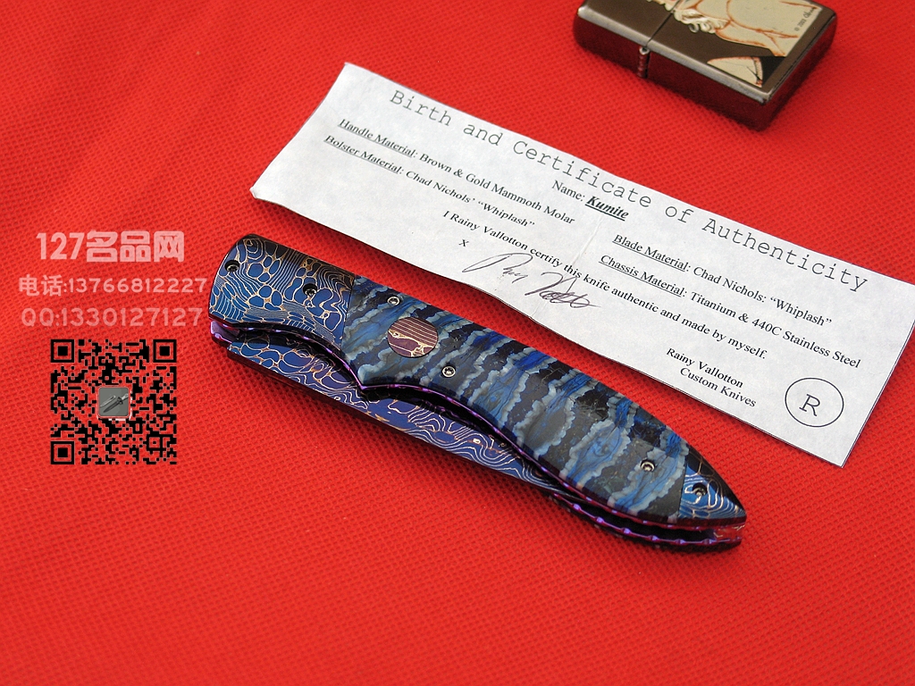 ABS刀匠Vallotton蓝色大马士革 猛犸马化石柄侧跳刀