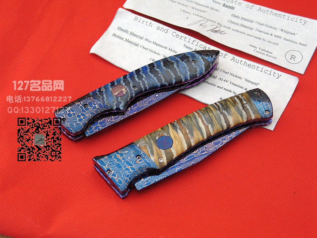 ABS刀匠Vallotton蓝色大马士革 猛犸马化石柄侧跳刀