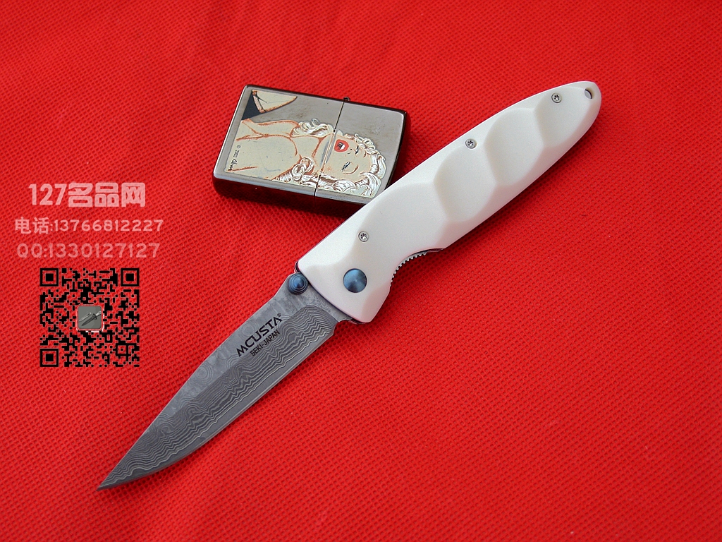 MCUSTA传世家徽 25D梯田纹大马士革钢柄折刀