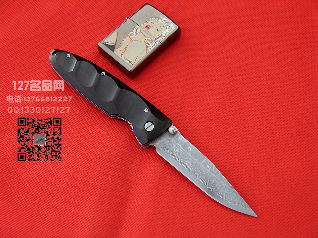 MCUSTA传世家徽 23D梯田纹大马士革钢 檀木柄折刀