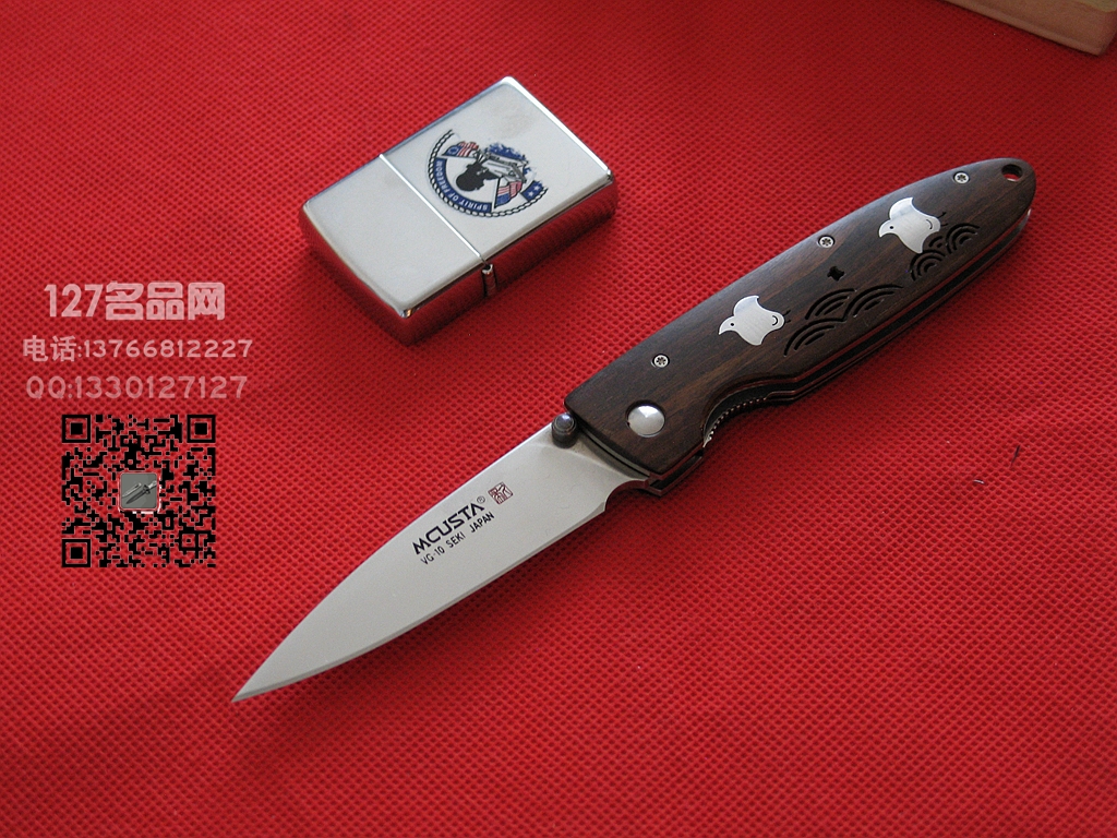 日本MCUSTA传世家徽LMC-1306千鸟限量版 檀木镶嵌鸟柄折刀