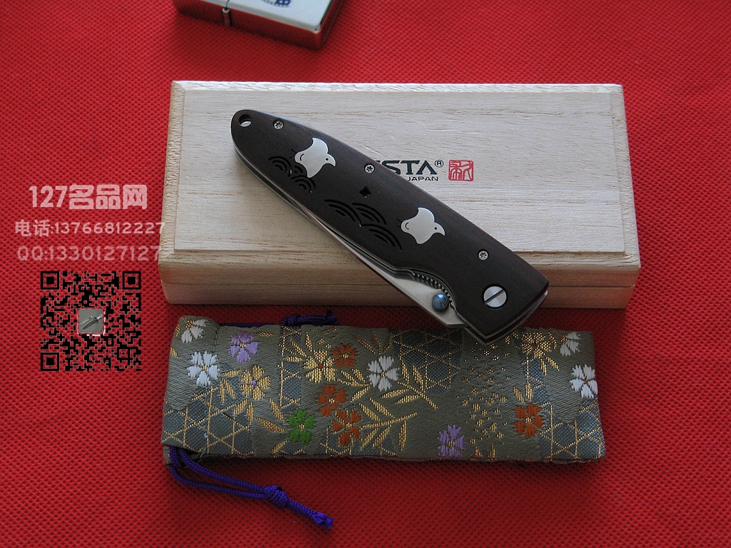 日本MCUSTA传世家徽LMC-1306千鸟限量版 檀木镶嵌鸟柄折刀