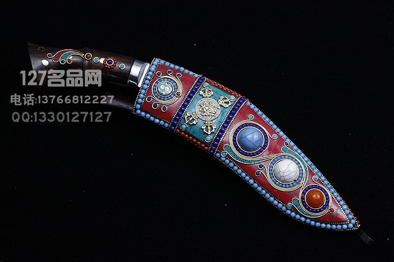 尼泊尔弯刀 传统现役一号  多宝镶嵌 牛皮鞘