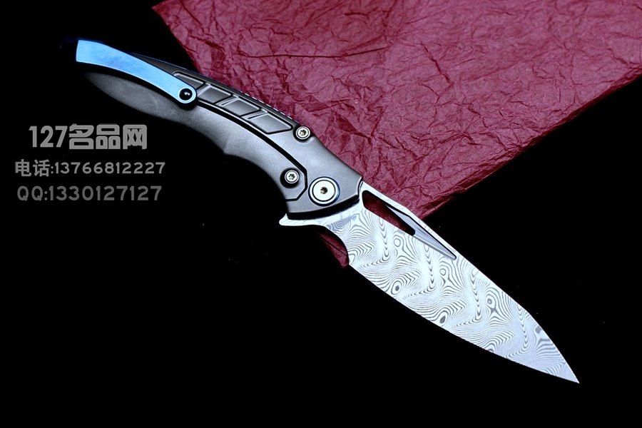 Rike Knife 1902 大马士革刃材 钛合金镶嵌黑红双色碳纤维 鱼鳍