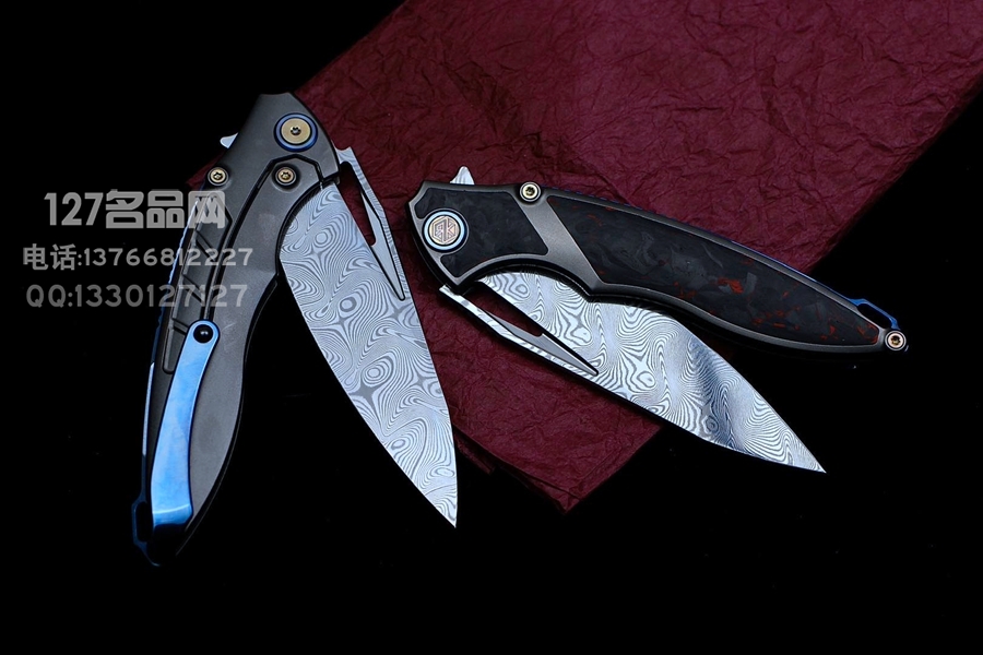 Rike Knife 1902 大马士革刃材 钛合金镶嵌黑红双色碳纤维 鱼鳍