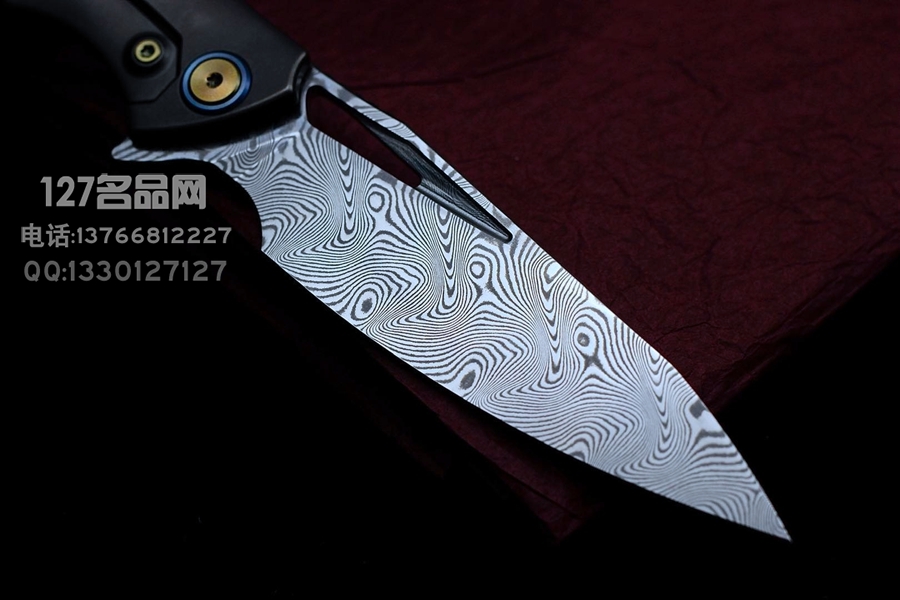 Rike Knife 1902 大马士革刃材 钛合金镶嵌黑红双色碳纤维 鱼鳍