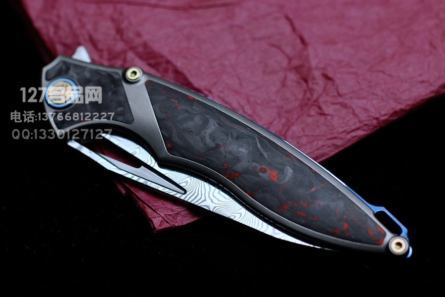 Rike Knife 1902 大马士革刃材 钛合金镶嵌黑红双色碳纤维 鱼鳍