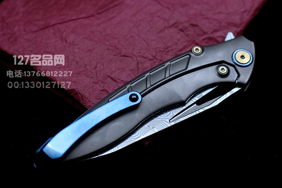 Rike Knife 1902 大马士革刃材 钛合金镶嵌黑红双色碳纤维 鱼鳍